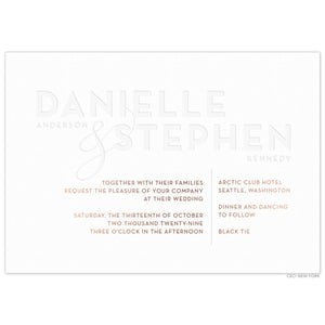 a modern horizontal white paper invitation with white letterpress block names and gold text