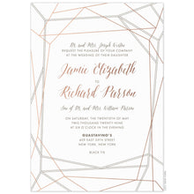 Load image into Gallery viewer, a modern white paper invitation with gold and gray diamond facets bordering the gold and gray scrips and block font