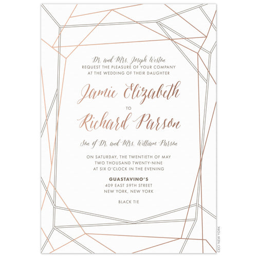 a modern white paper invitation with gold and gray diamond facets bordering the gold and gray scrips and block font