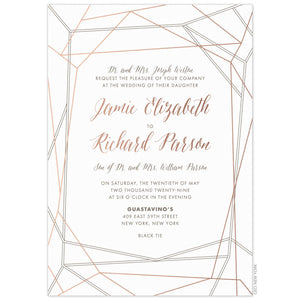 a modern white paper invitation with gold and gray diamond facets bordering the gold and gray scrips and block font