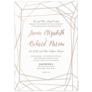 a modern white paper invitation with gold and gray diamond facets bordering the gold and gray scrips and block font