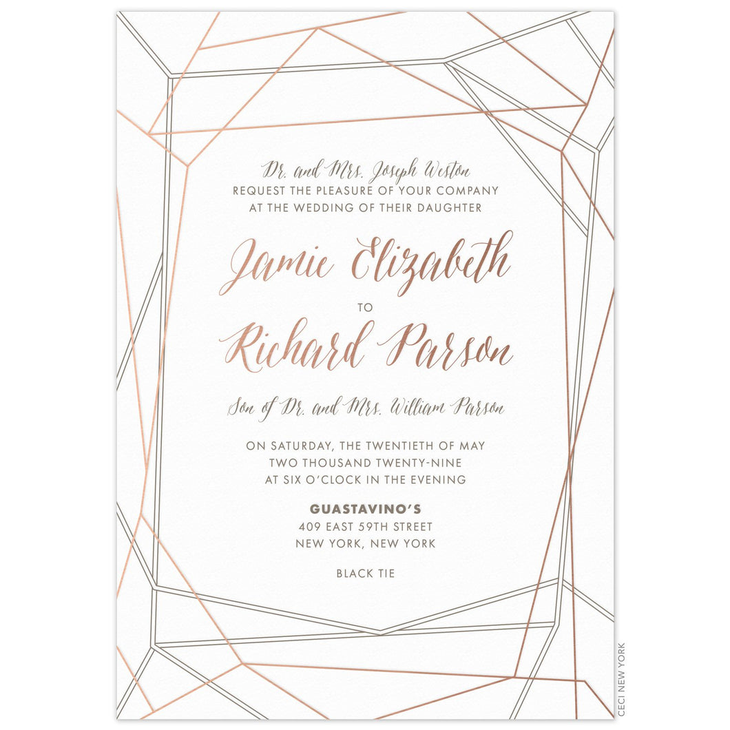 a modern white paper invitation with gold and gray diamond facets bordering the gold and gray scrips and block font