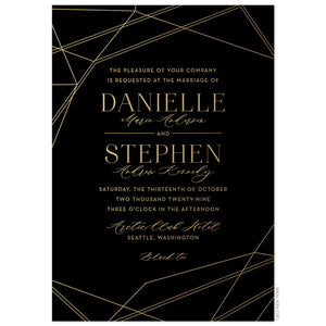 Black invitation with diagonal gold lines on the border. Block and script fonts centered in gold foil.