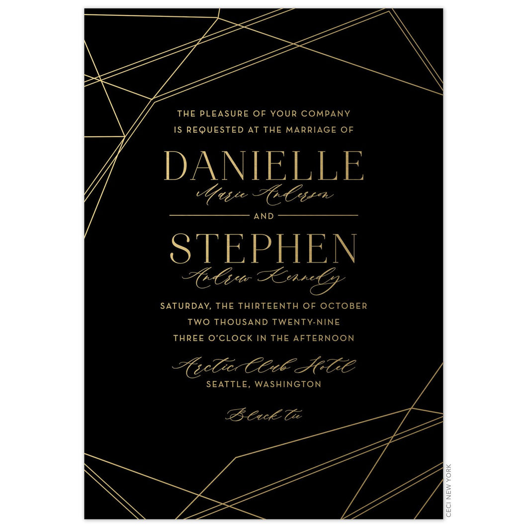 Black invitation with diagonal gold lines on the border. Block and script fonts centered in gold foil.