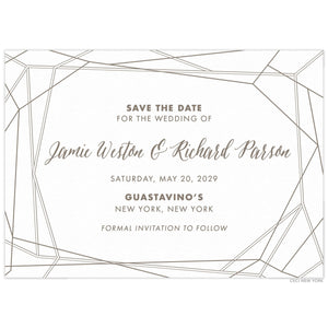 White save the date with diagonal black lines on the border. Block and script fonts centered in black.