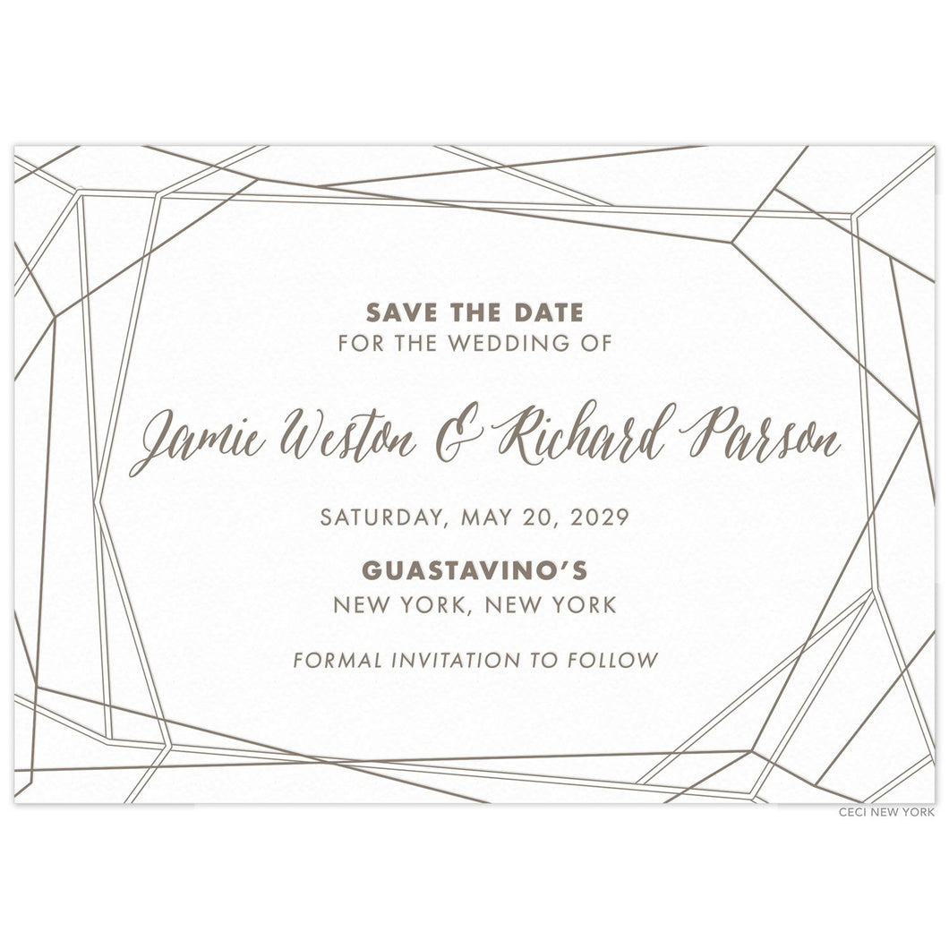 White save the date with diagonal black lines on the border. Block and script fonts centered in black.