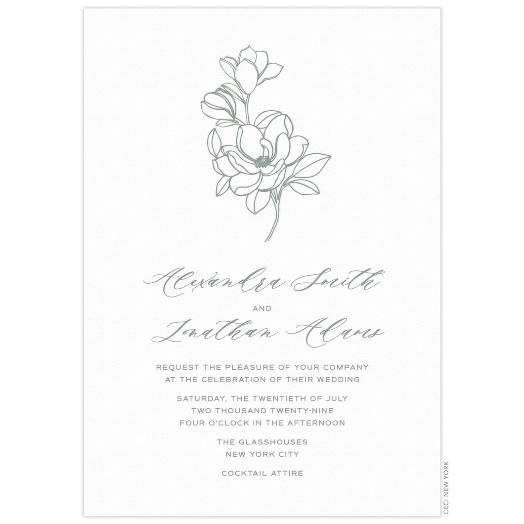 White invitation with simple flowers at the top of the invitation in sage green. Script and block font text centered underneath.