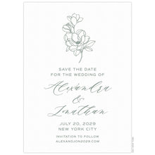 Load image into Gallery viewer, White save the date with simple flowers at the top of the card in sage green. Script and block font text centered underneath.