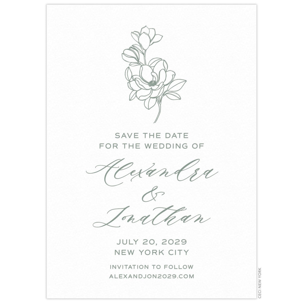 White save the date with simple flowers at the top of the card in sage green. Script and block font text centered underneath.