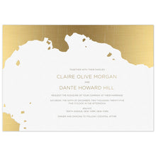 Load image into Gallery viewer, Organic modern shape in white surrounded by gold foil. Centered block text in pewter and gold in the white space.