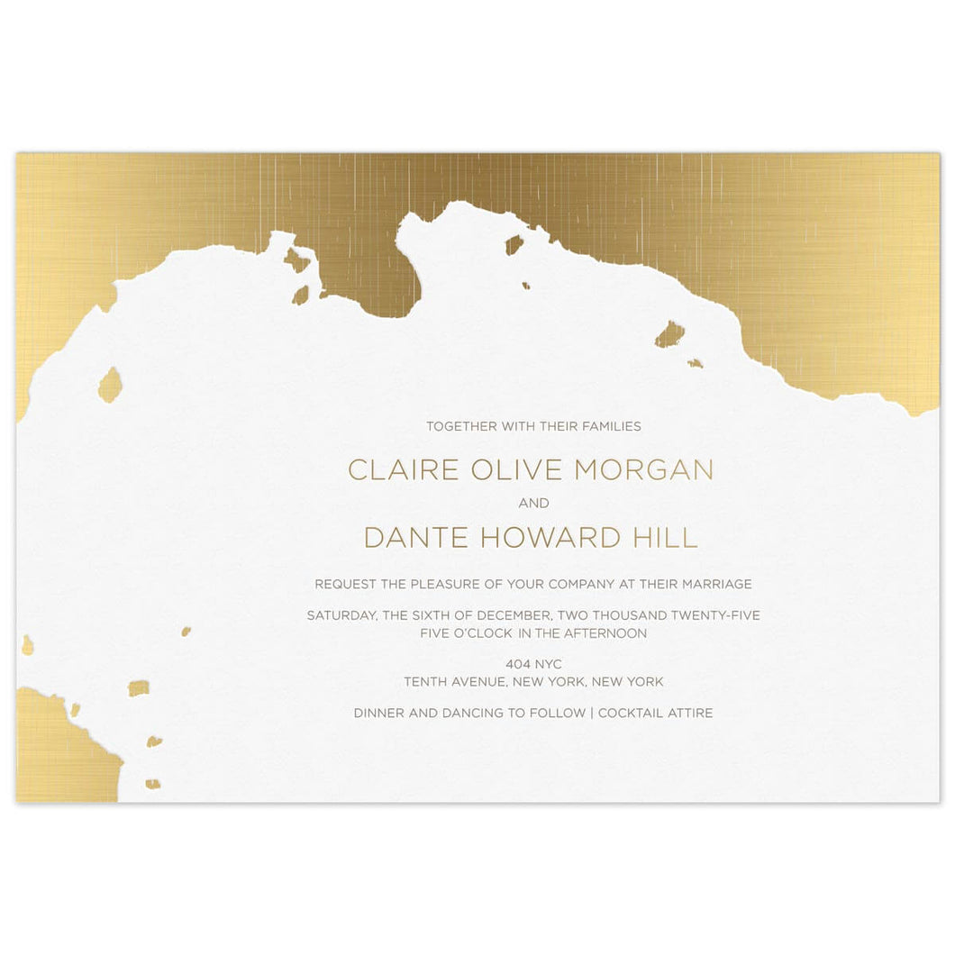 Organic modern shape in white surrounded by gold foil. Centered block text in pewter and gold in the white space.