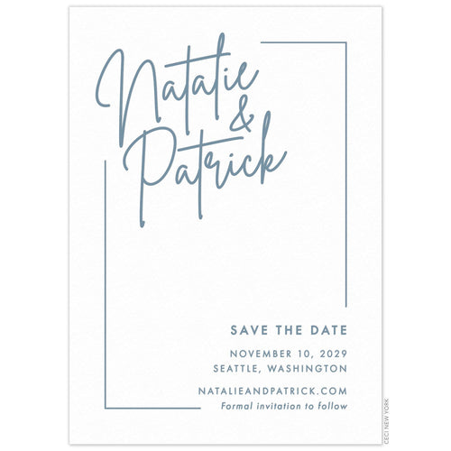 Simple white save the date with large dusty blue names in the top left corner, thin line bordering the cardand lines of block text in the bottom right corner.