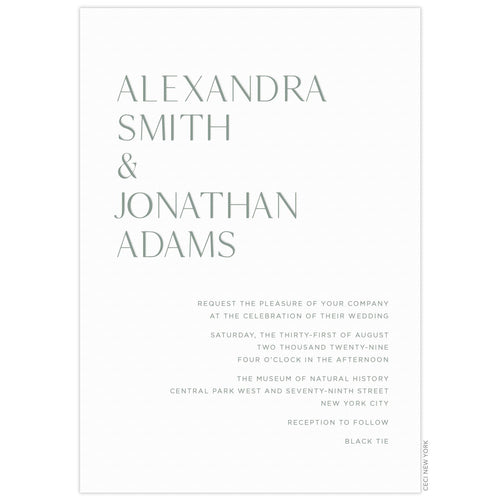 a modern white paper invitation with gray large names at top half and gray block font at the bottom
