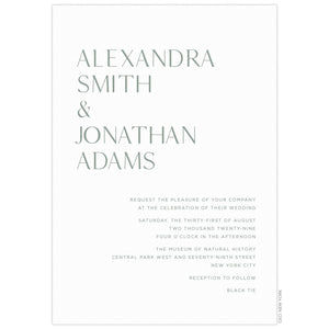 a modern white paper invitation with gray large names at top half and gray block font at the bottom