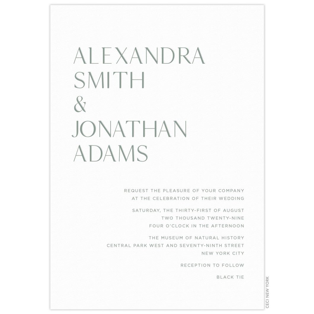 a modern white paper invitation with gray large names at top half and gray block font at the bottom