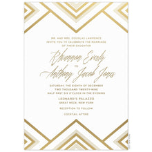 Load image into Gallery viewer, White paper with gold foil, multiple triangles on the top and bottom of invitation card. Block and script font.