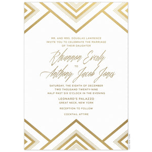 White paper with gold foil, multiple triangles on the top and bottom of invitation card. Block and script font.