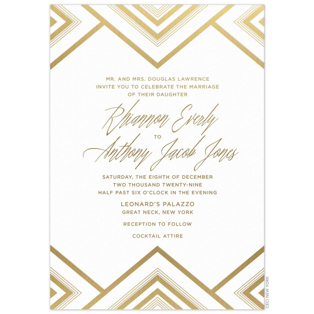 White paper with gold foil, multiple triangles on the top and bottom of invitation card. Block and script font.