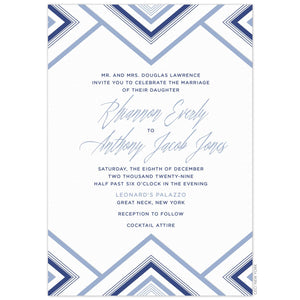 White paper with light blue and dark blue design, multiple triangles on the top and bottom of invitation card. Block and script font.