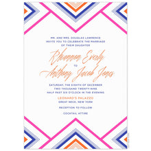 Load image into Gallery viewer, White paper with orange, pink and cobalt blue designs with multiple triangles on the top and bottom of invitation card. Block and script font.