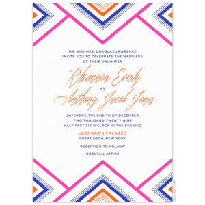 White paper with orange, pink and cobalt blue designs with multiple triangles on the top and bottom of invitation card. Block and script font.