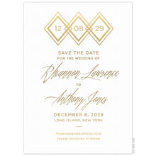 Load image into Gallery viewer, White save the date with three gold triangles at the top with numbers inside them. Block and script font centered in gold foil.