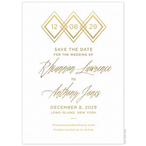 White save the date with three gold triangles at the top with numbers inside them. Block and script font centered in gold foil.