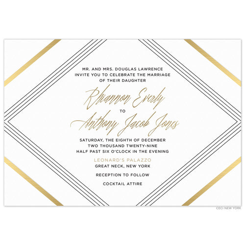 Horizontal invitation with diagonal lines in black and gold on all four corners. Block and script font in black and gold.  