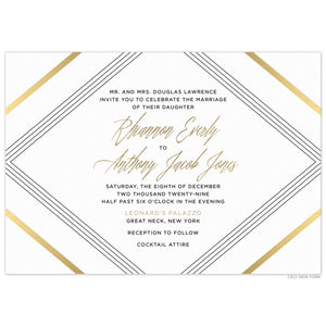 Horizontal invitation with diagonal lines in black and gold on all four corners. Block and script font in black and gold.  