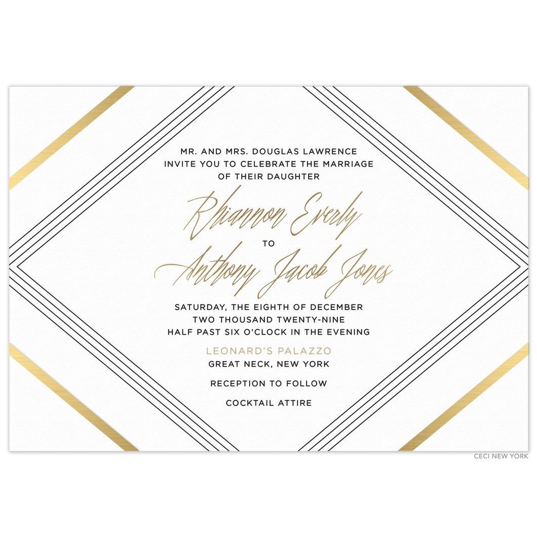 Horizontal invitation with diagonal lines in black and gold on all four corners. Block and script font in black and gold.  