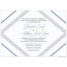 Load image into Gallery viewer, Horizontal invitation with diagonal lines in dark blue and light blue on all four corners. Block and script font in dark blue and light blue.