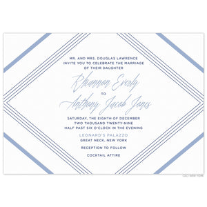 Horizontal invitation with diagonal lines in dark blue and light blue on all four corners. Block and script font in dark blue and light blue.