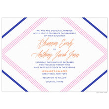 Load image into Gallery viewer, Horizontal invitation with diagonal lines in cobalt blue and pink on all four corners. Block and script font in cobalt blue and orange.  