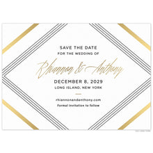 Load image into Gallery viewer, White save the date with five large triangle spanning all four corners in gold and black. Block and script font centered in gold and black. Small simple lines dividing copy. 