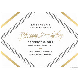 White save the date with five large triangle spanning all four corners in gold and black. Block and script font centered in gold and black. Small simple lines dividing copy. 