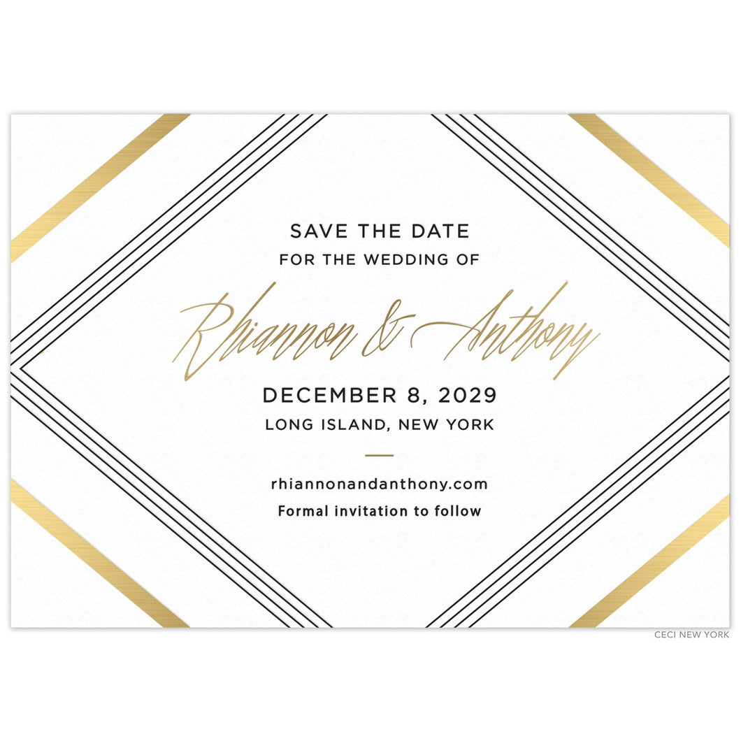 White save the date with five large triangle spanning all four corners in gold and black. Block and script font centered in gold and black. Small simple lines dividing copy. 