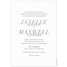 Load image into Gallery viewer, White invitation with centered copy, grey letterpress san-serif font and first and last names are stacked in a serif font.