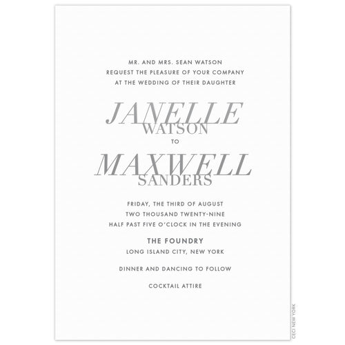 White invitation with centered copy, grey letterpress san-serif font and first and last names are stacked in a serif font.