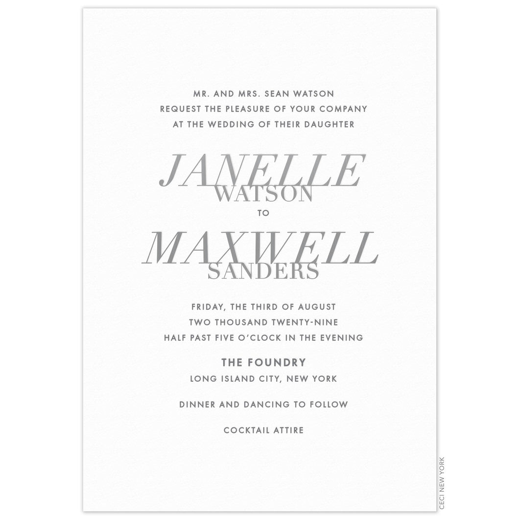 White invitation with centered copy, grey letterpress san-serif font and first and last names are stacked in a serif font.