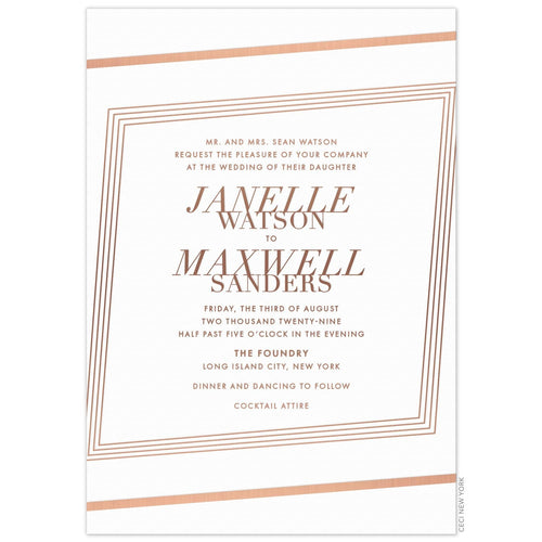 White invitation with lines on all four sides. Serif font and block font in the middle of the lines.
