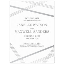 Load image into Gallery viewer, Silver, geometric, overlapping lines on the top and bottom of a white save the date. Gray and silver copy in the center of the card.