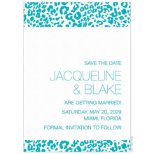 Load image into Gallery viewer, Teal cheetah pattern at the top and bottom of the card. Thin block font right aligned toward the bottom of the card.