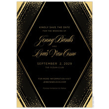 Load image into Gallery viewer, Large diamond with geometric lines and small dots on the border of the card in gold foil. Gold block and script font centered in the diamond shape.