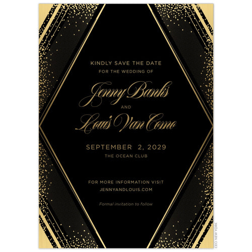 Large diamond with geometric lines and small dots on the border of the card in gold foil. Gold block and script font centered in the diamond shape.