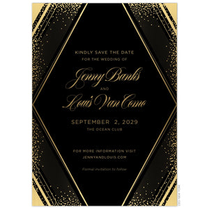 Large diamond with geometric lines and small dots on the border of the card in gold foil. Gold block and script font centered in the diamond shape.