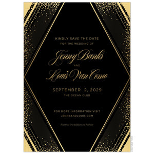 Large diamond with geometric lines and small dots on the border of the card in gold foil. Gold block and script font centered in the diamond shape.