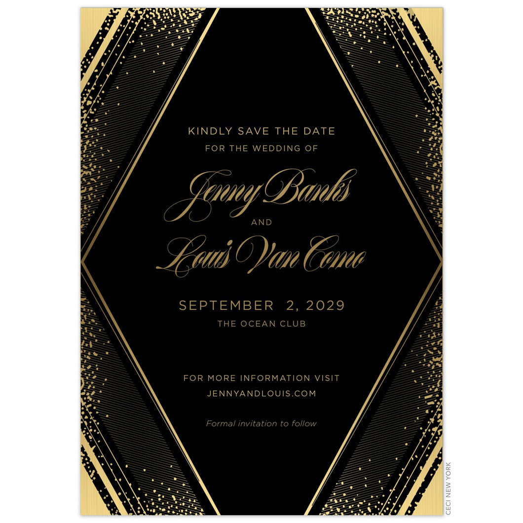 Large diamond with geometric lines and small dots on the border of the card in gold foil. Gold block and script font centered in the diamond shape.