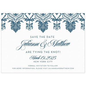 Ornate South Asian design hanging from the top of the card. Block and script font centered on the card in navy.