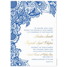 Load image into Gallery viewer, a white paper invitation with blue south asian motif on top and down left side featuring gold script and blue block font