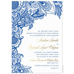 a white paper invitation with blue south asian motif on top and down left side featuring gold script and blue block font